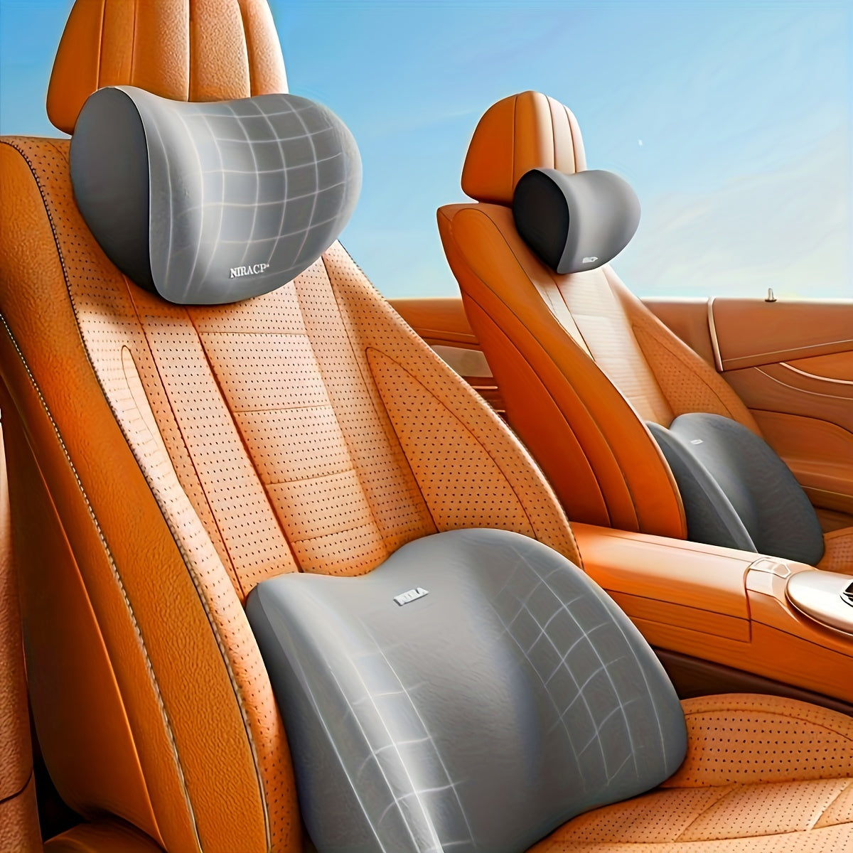 Memory foam car neck and lumbar pillow for comfortable support while driving. Ideal for both drivers and passengers.