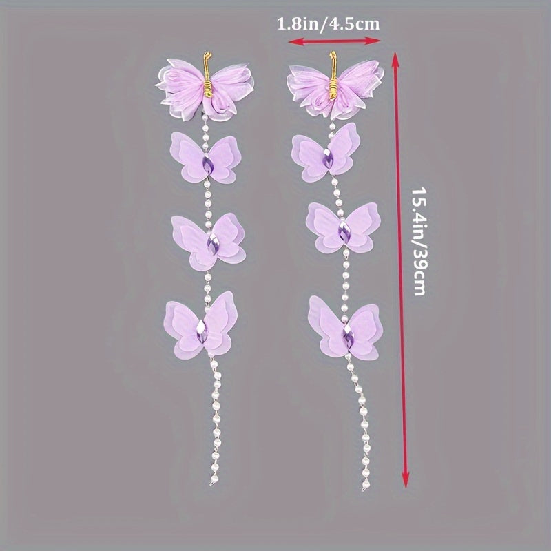 New set of 2 girls' hair clips featuring butterfly imitation pearls, cute mesh yarn flower, long bead tassel, and braided hair chain for youngsters' headwear.