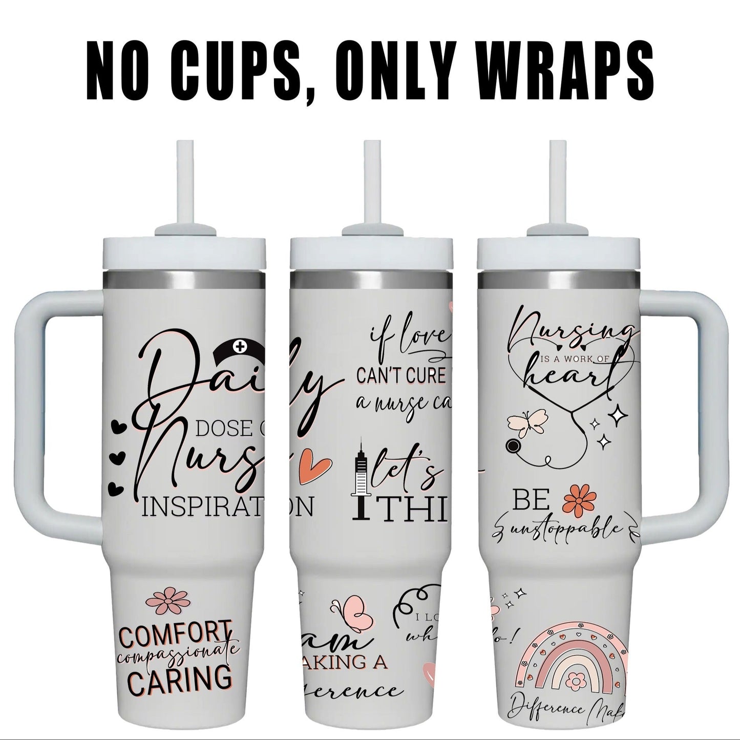 Nurse-themed UV DTF wraps decals and self-adhesive stickers for 40oz tumblers, cups, bottles, school supplies, and more. Perfect for arts and crafts and DIY projects.