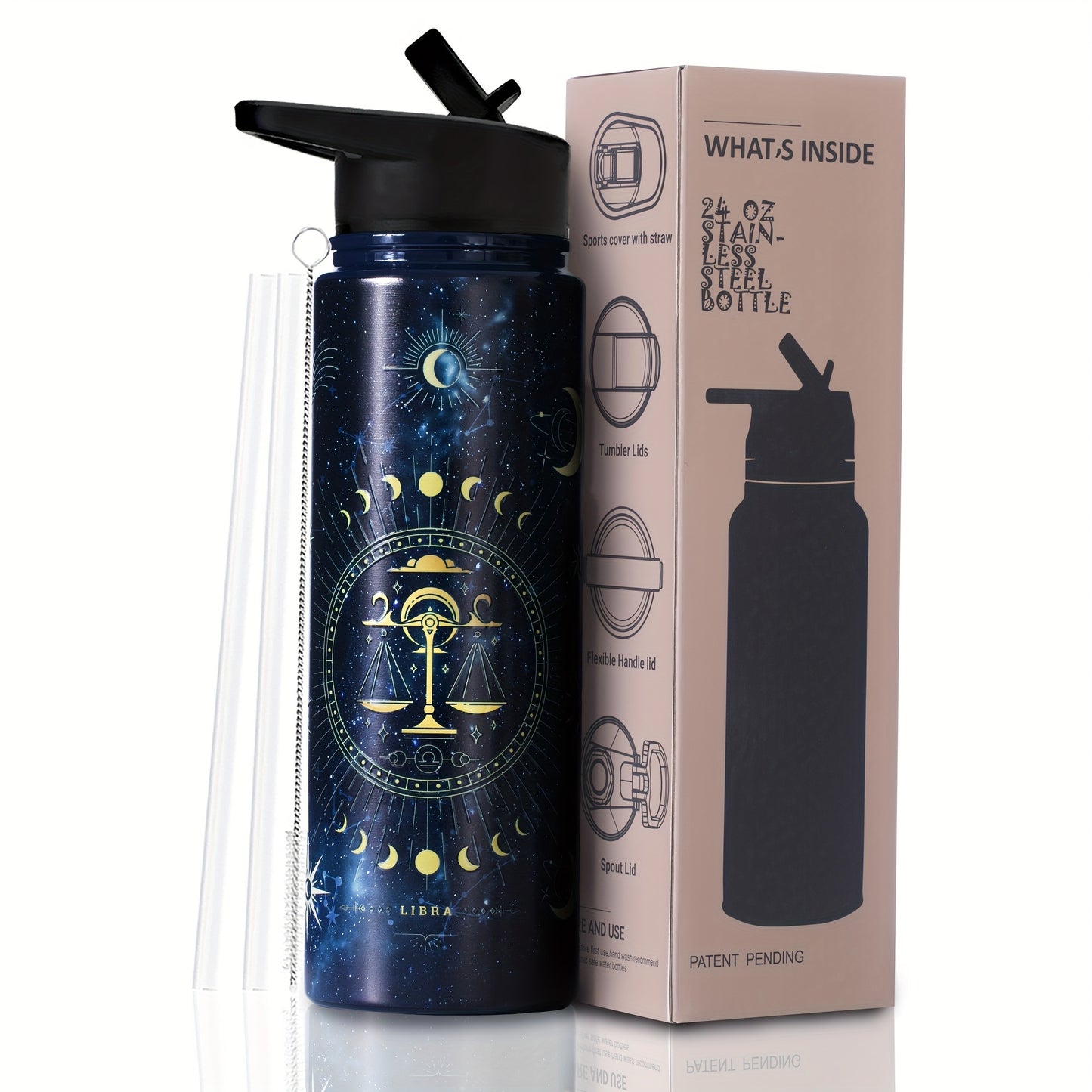 1pc Stainless Steel Zodiac Water Bottle with Lid, Straw, and Double Wall Vacuum Insulation - Ideal for Travel, Outdoor Activities, or as a Birthday Gift. Great for Halloween parties or as room decor.