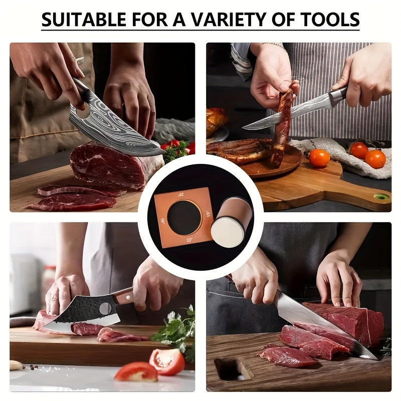 Get your hands on the 1pc Knife Sharpener, featuring four-sided wooden rolling sharpeners designed for kitchen knives. This manual sharpening tool comes with a multifunctional angle guide kit offering 15°, 20°, 18°, and 22° angles, perfect for small