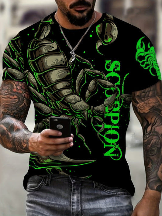 3D Scorpio Graphic Print Tee for plus size men, perfect for outdoor fashion