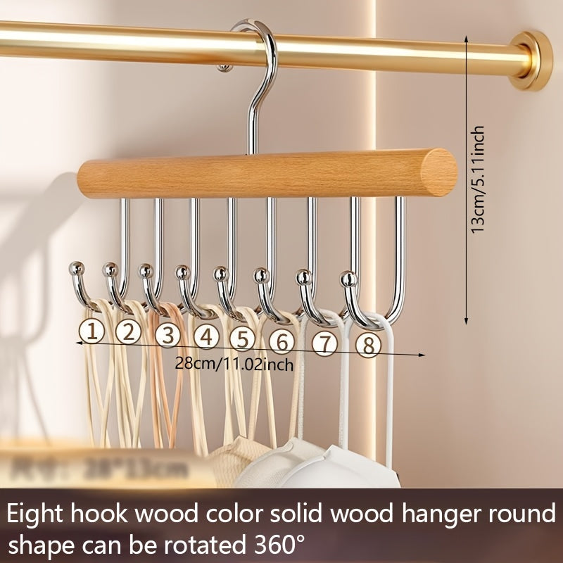 A versatile and sturdy wooden hanger with 8 hooks, designed for saving space and organizing wardrobes efficiently. This heavy-duty hanger can rotate 360 degrees and is perfect for storing vests, swimsuits, bras, scarves, hats, belts, and other household