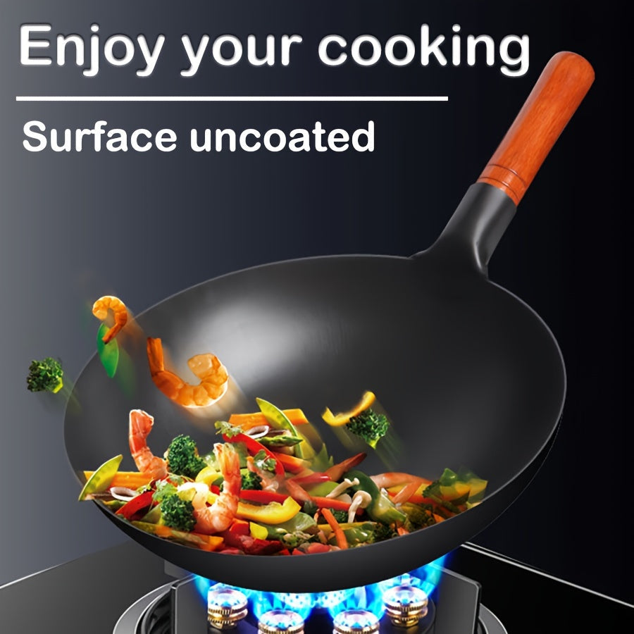 One Piece of Traditional Chinese Cast Iron Wok with Uncoated Non-Stick Surface, Wooden Handle, Hand Wash Only, for Use on Gas Stoves