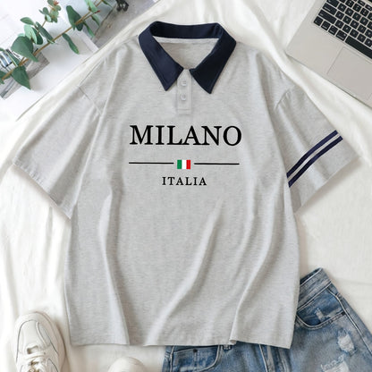 Milano Italy Graphic Polo Shirt for Women, Y2K Fashion Casual Tee, Polyester 95% Spandex 5% Knit Fabric, Geometric Pattern, Casual Sportswear