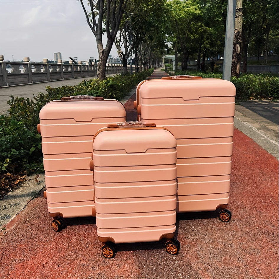 3-piece spinner luggage set with durable wheels, hard shell design, zipper closure, TSA lock, iron handle, ABS+PC body, and lightweight construction for women in sizes 50.8cm, 60.96cm, and