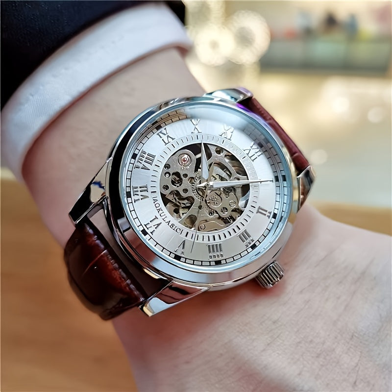 Elegant men's automatic mechanical watch with skeleton design, brown faux leather strap, self-winding. Ideal for business and casual wear, perfect gift for young men. Durable watch band