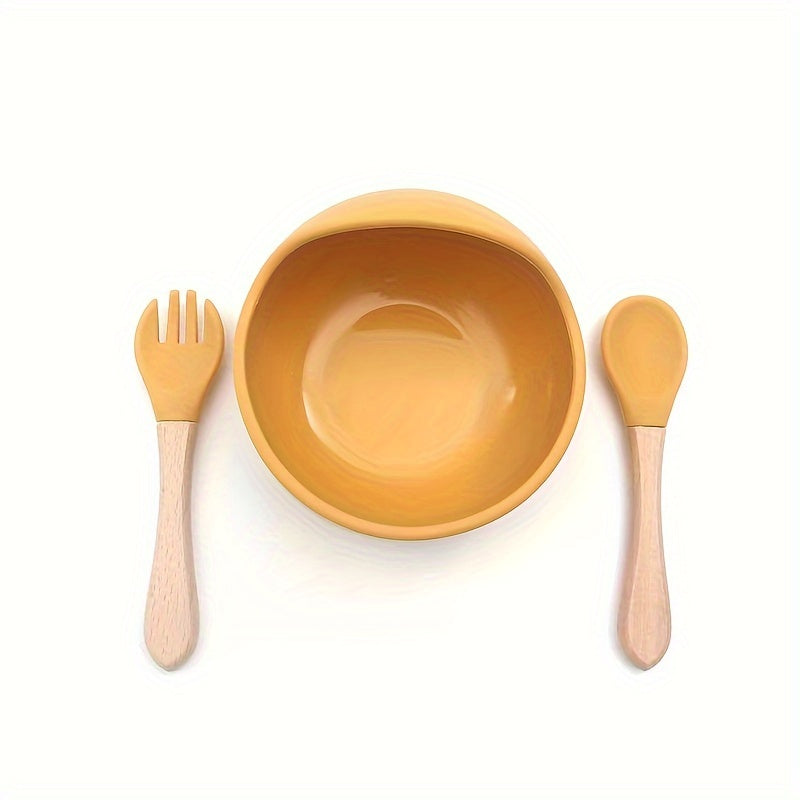 Set of 3 Food Grade Silicone Suction Bowls with Wooden Handle Spoon and Fork - Portable and Non-slip Tableware, Perfect for Halloween and Thanksgiving Day Gifts.