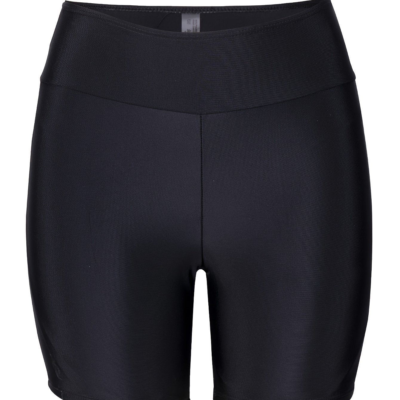 High-waisted swim shorts for women in black, made from stretchy polyester and elastane blend with non-see-through ribbed texture. Ideal for swimming and water sports, machine washable.