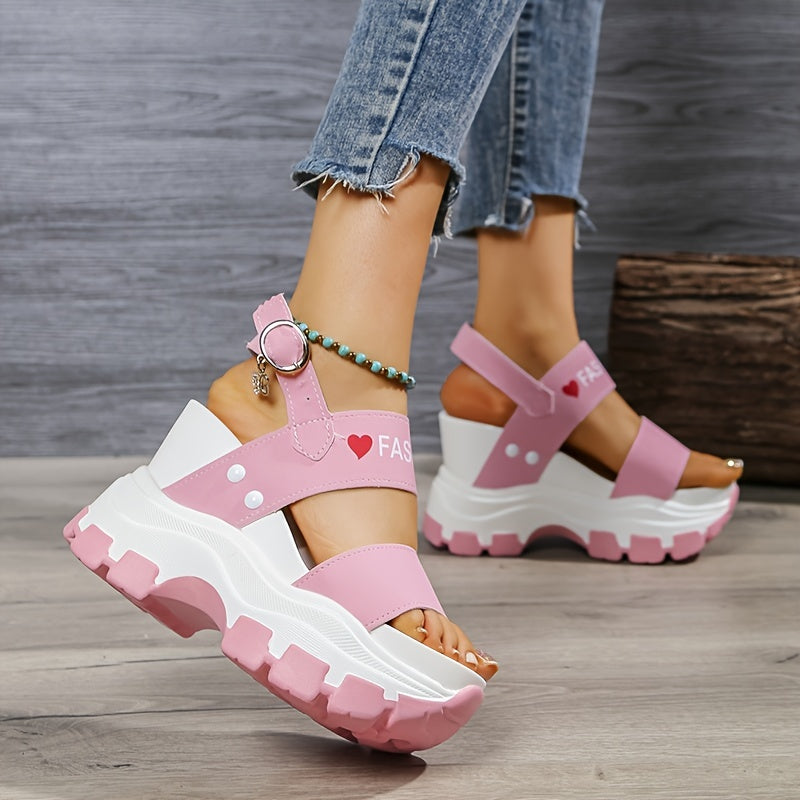 Women's Wedge Heeled Sandals with Ankle Strap and Metal Buckle, Fashionable Casual Footwear