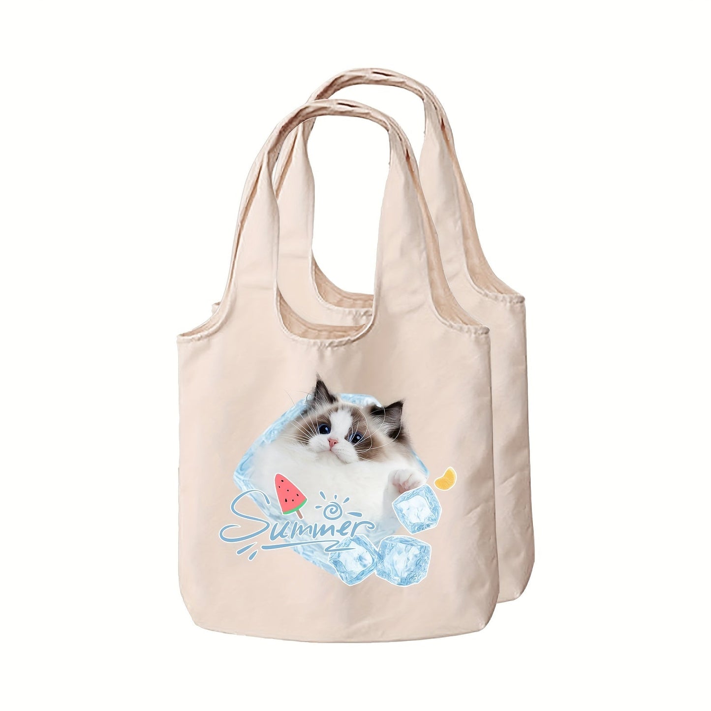 Two pieces of personalized canvas tote bags with customizable pictures, perfect for daily commutes, outdoor picnics, parties, traveling, and shopping.