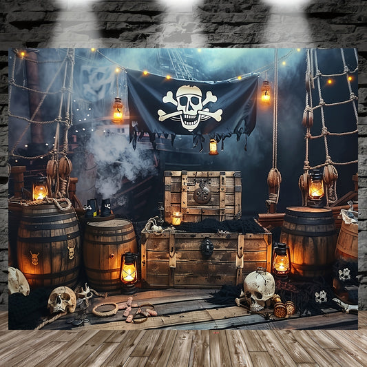 Pirate-themed polyester backdrop for kids' parties, with Jolly Roger ship deck design. Available in two sizes. Ideal for indoor or outdoor decoration.