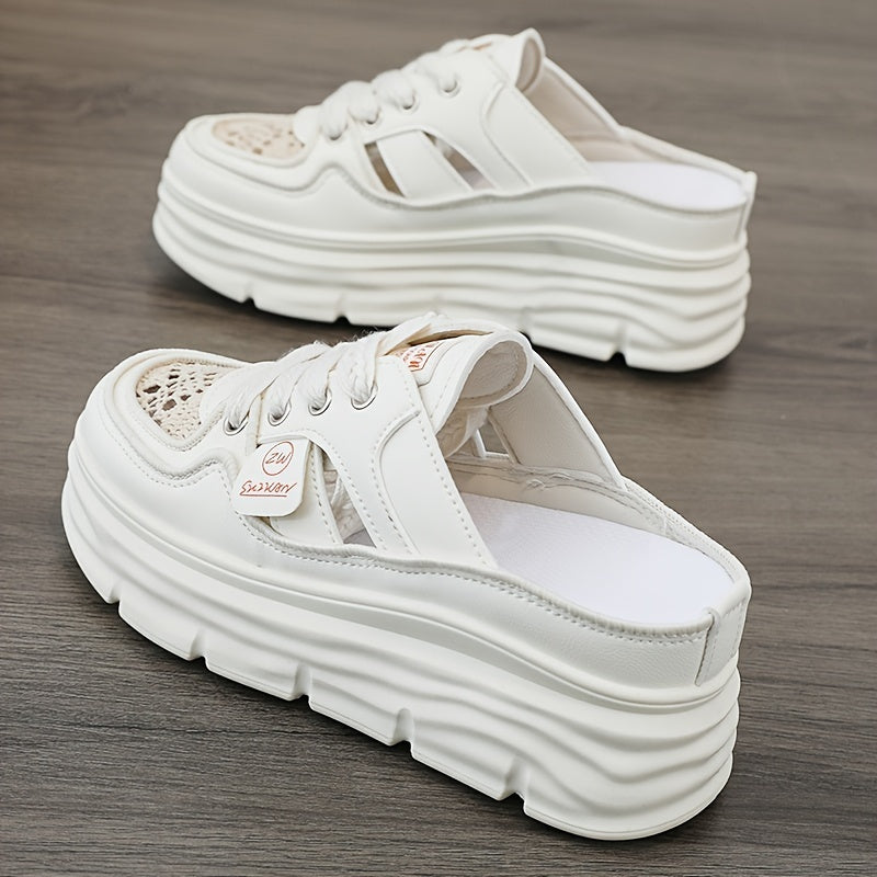 Women's breathable platform mule sneakers with cutout design, lace-up closure, and comfort for summer wear.