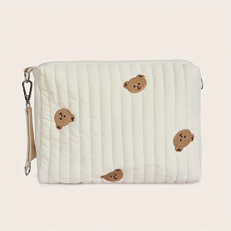 Adorable Bear Diaper Organizer, Convenient Zippered Embroidered Storage Pouch