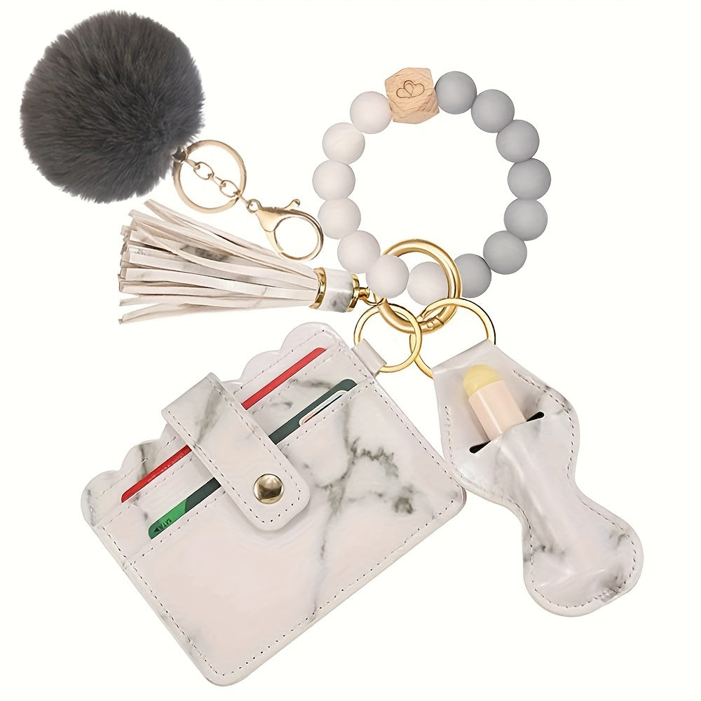 Keychain accessories for women, including a premium leather keyring, card holder wallet, elastic silicone beaded tassel keychain, and lipstick holder (6 pieces) - perfect as a gift for women.