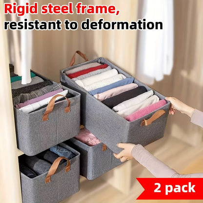 Set of 2 foldable storage bins with metal frame, fabric boxes for clothes, moisture-resistant, versatile closet organization with handles.