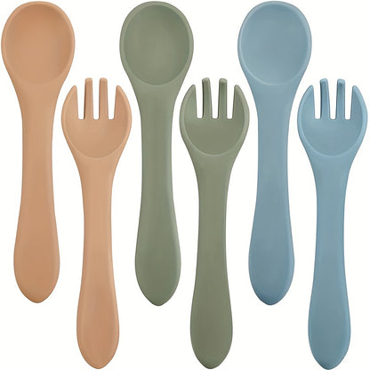 Children's flatware set with silicone fork and spoon, ideal for baby feeding.