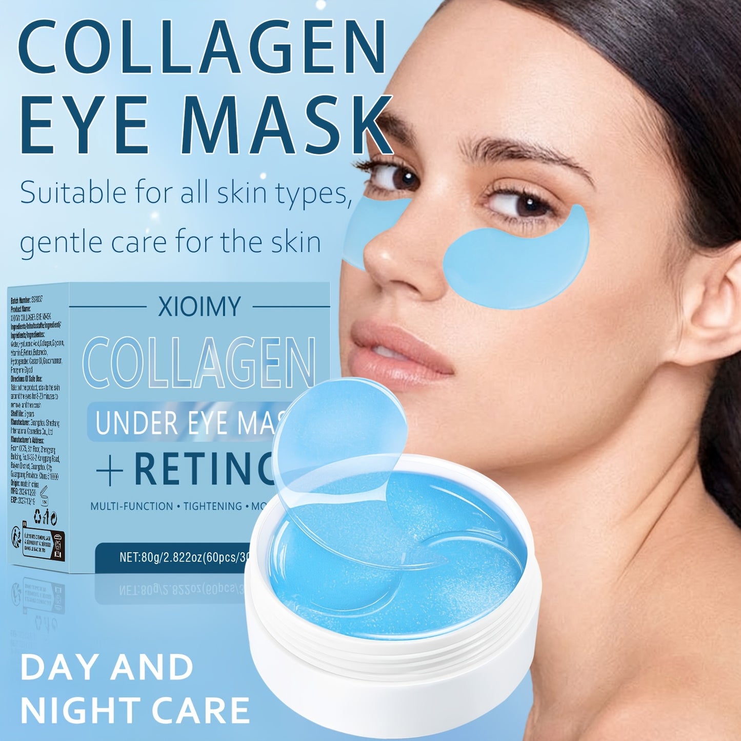 XIOIMY 60pcs Collagen & Retinol Eye Masks for deep hydration, firming, and all skin types, hypoallergenic formula.