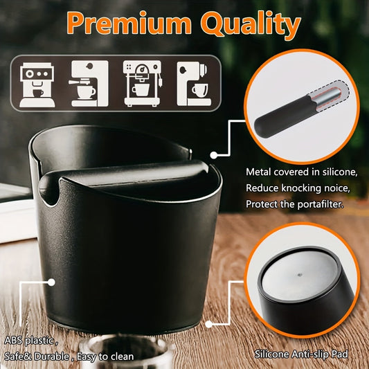 Set of 2 Espresso Knock Box and Tamper Mat includes a coffee grounds knock box and an anti-slip silicone tamper mat. Perfect for baristas, this set makes it easy to clean up espresso waste with a detachable knock bar for convenient use.