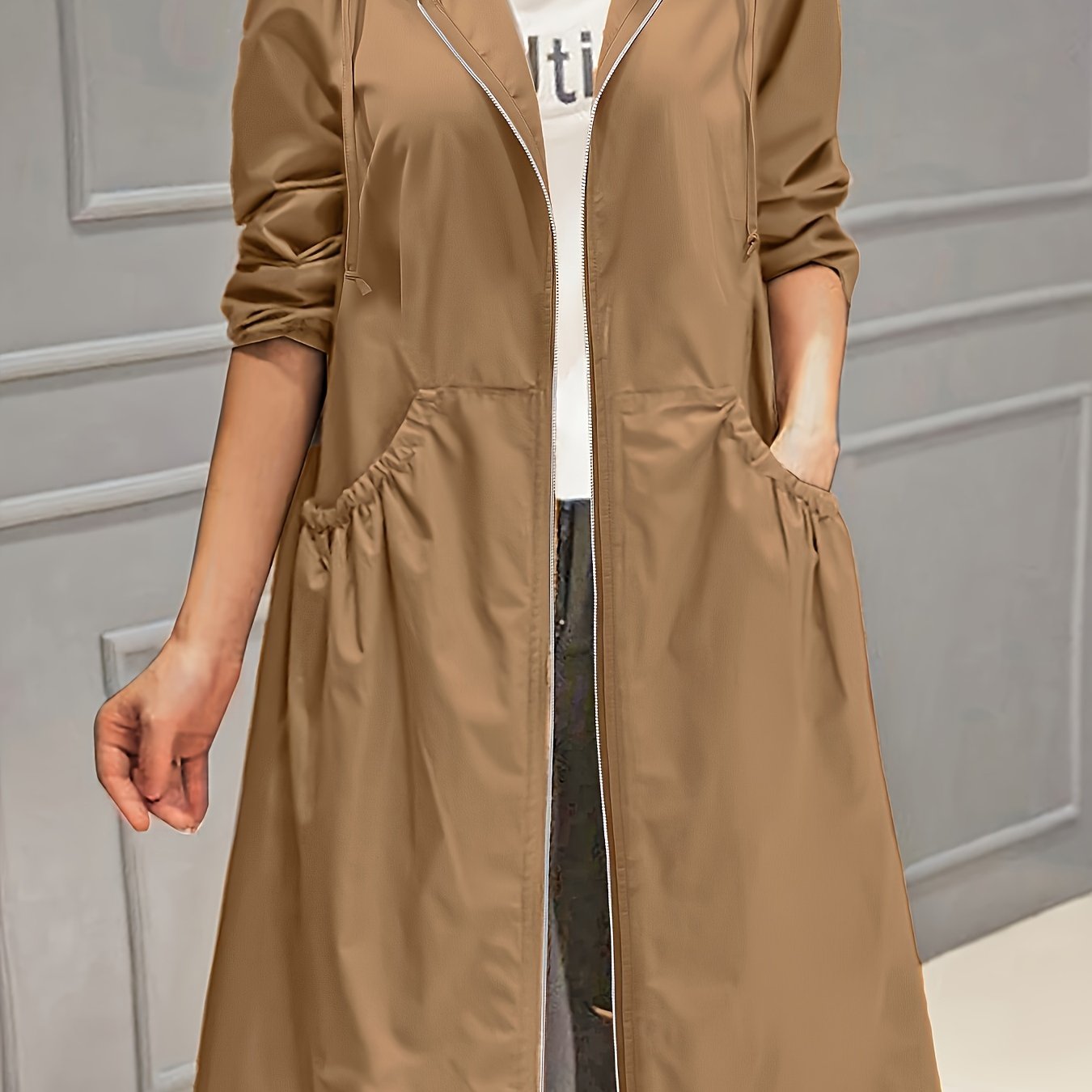 Plus Size Trench Coat with Zipper, Hood, and Pockets