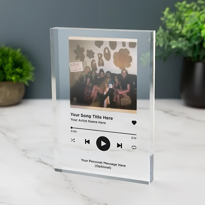 Personalize your space with a Customizable Acrylic Photo Plaque featuring your favorite song album and music selections. This unique display piece is perfect for adding a personal touch to your bedroom decor and makes an ideal memory and Valentine's Day