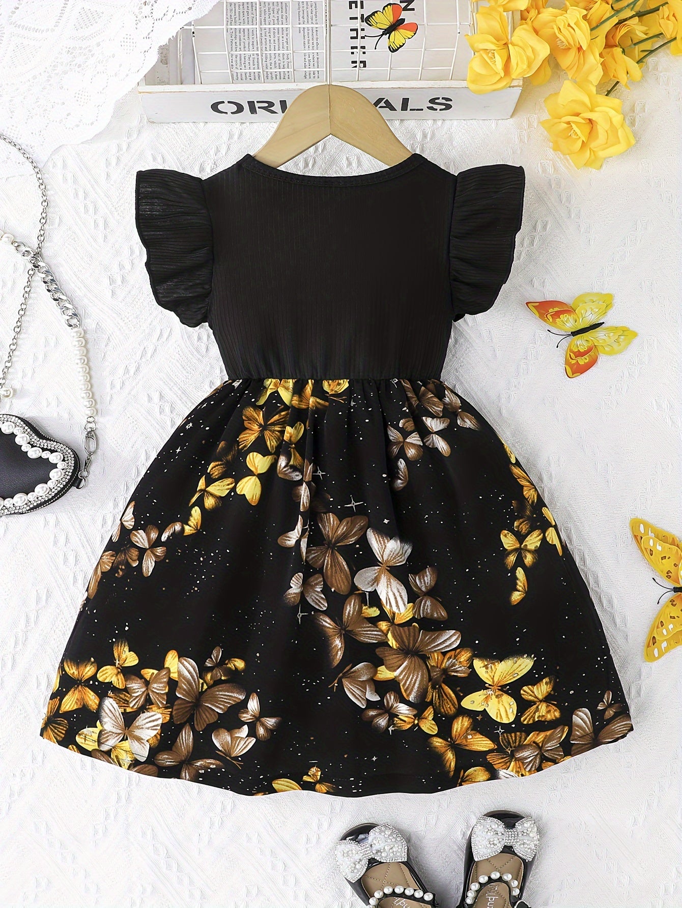 Black Polyester A-Line Midi Dress with Floral Print, Ruffle Sleeves, and Bow Detail for Girls, Ideal for Spring/Fall Outdoor Activities