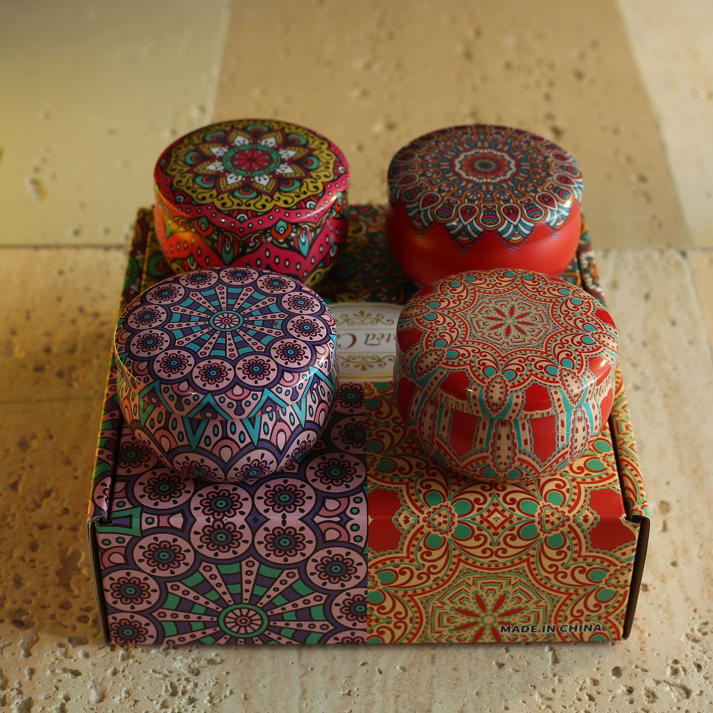 Bohemian Mandala Style Scented Candle Gift Set with Dried Flower Embellishment, Spice Scent, Soy Wax Material for Seasonal Celebrations, Indoor Use, and Holidays.