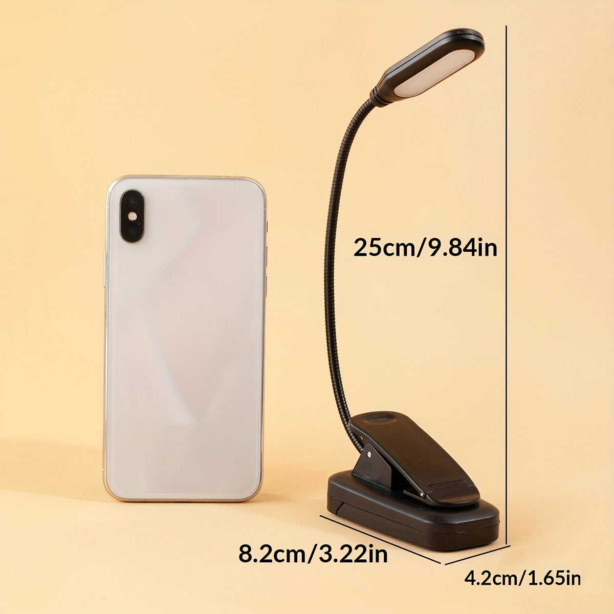 Portable battery-powered clip-on book light with a flexible hose, ideal for reading in small spaces or as a bedside night light.