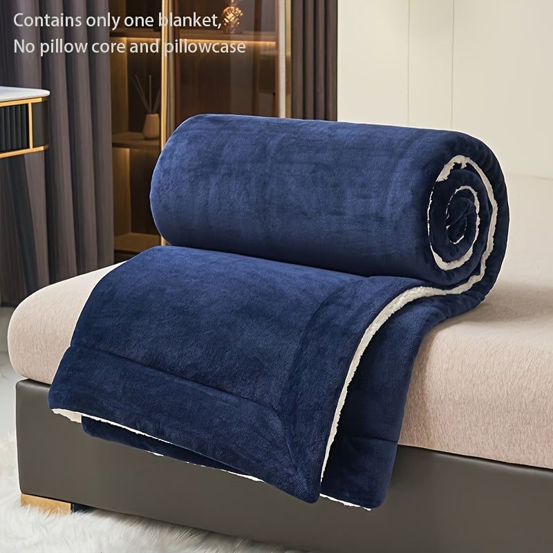 Luxurious Dark Blue Double-Layer Milk Velvet Shearling Throw Blanket - Soft, Warm, Contemporary Style, Machine Washable, All-Season Cozy Nap Blanket for Bed & Sofa - 1pc