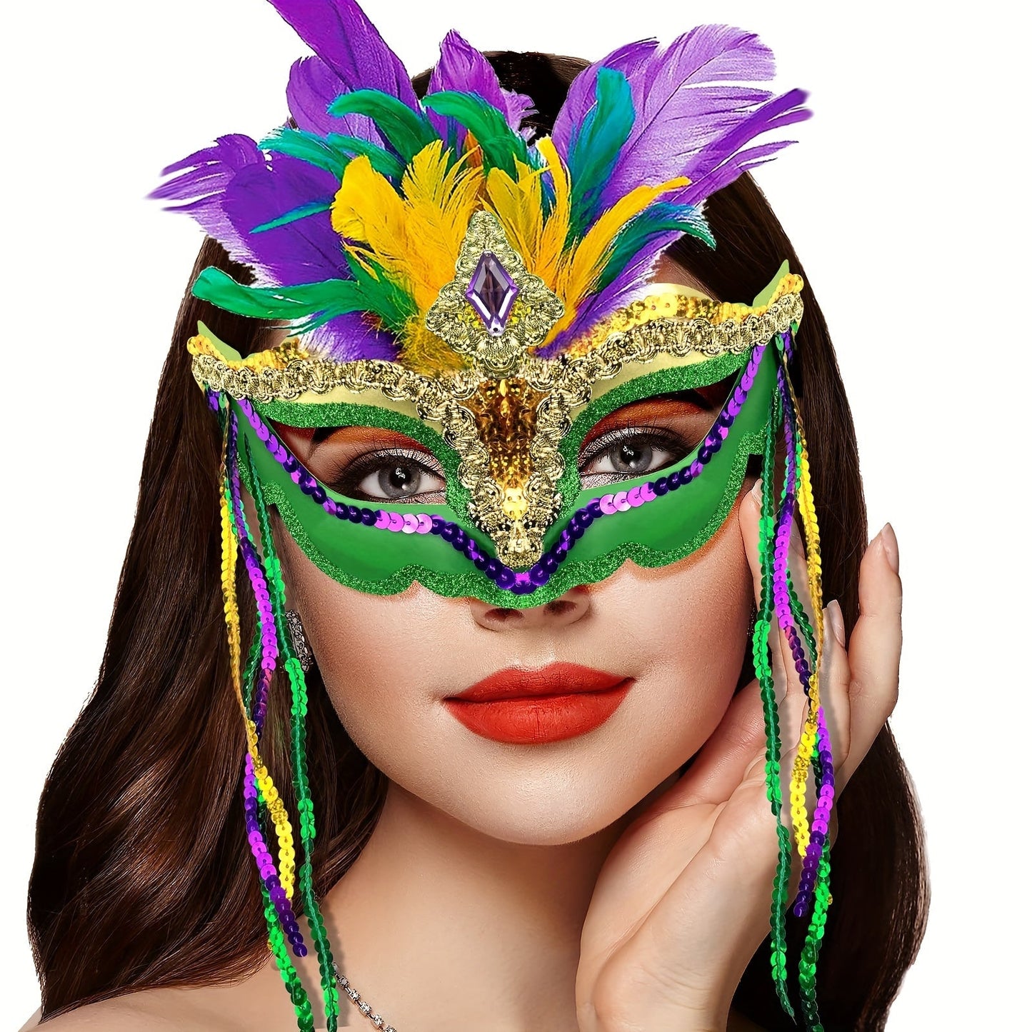 1 piece of Mardi Gras Mask with Feathers for Women, perfect for Masquerade parties, Halloween, Mardi Gras, Cosplay costumes, and Venetian themed events.