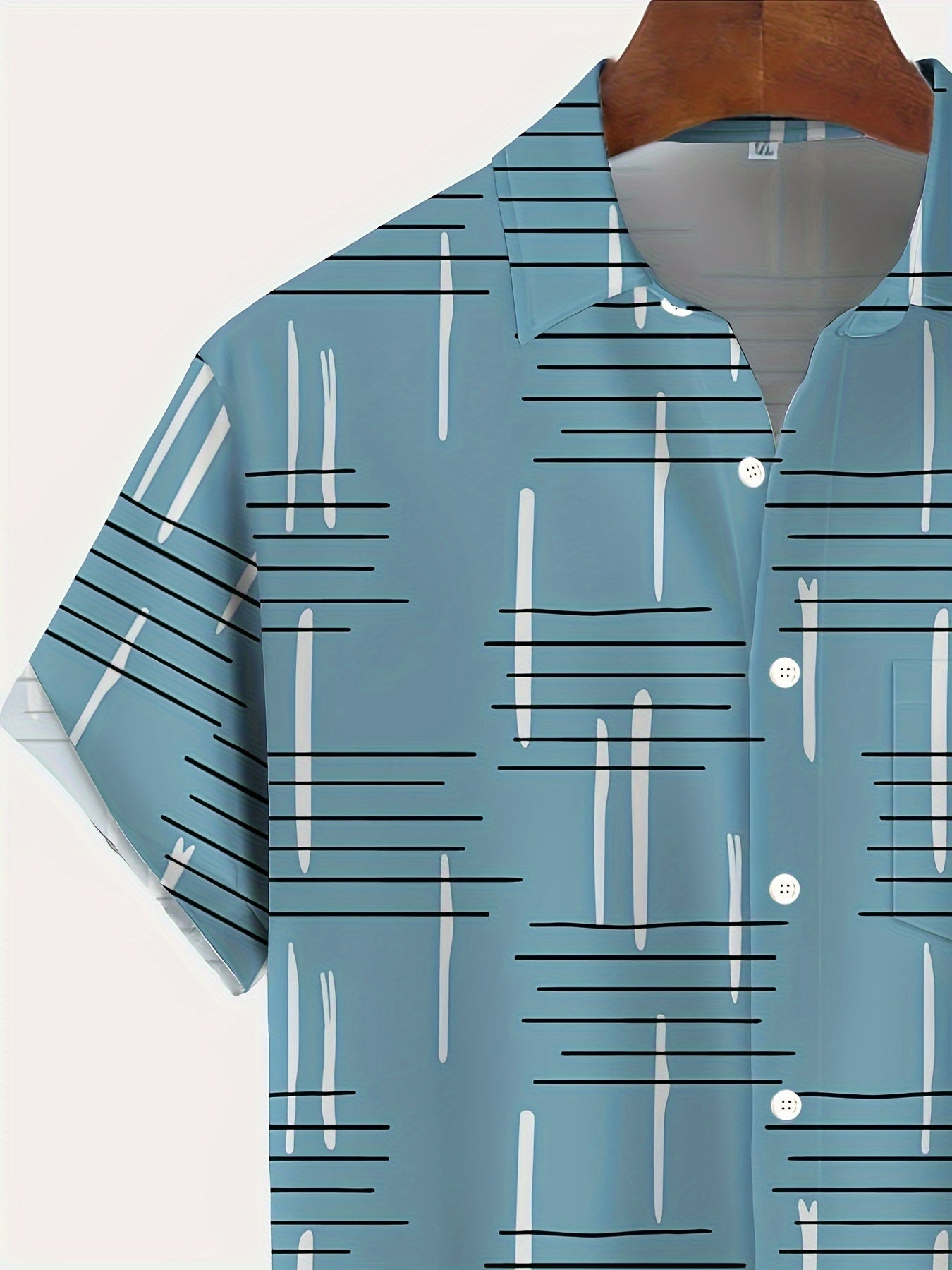 Men's plus size short sleeve shirt with geometric 3D line print, button-up collared design, chest pocket. Lightweight polyester, ideal for summer. Plus size.