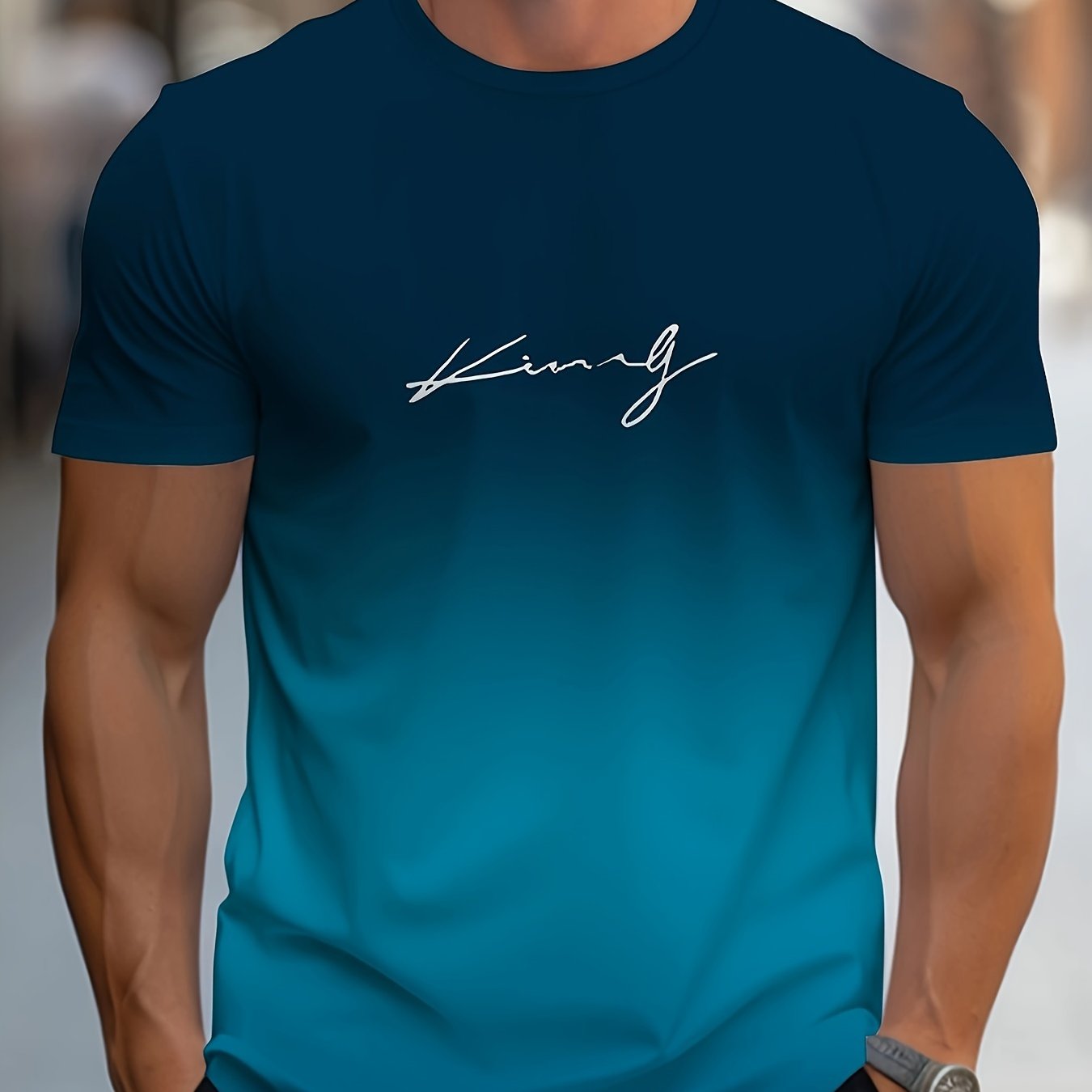 Men's "KING" Gradient Color Graphic Tee - Casual Polyester Short Sleeve Crew Neck T-Shirt ideal for summer outdoor wear.