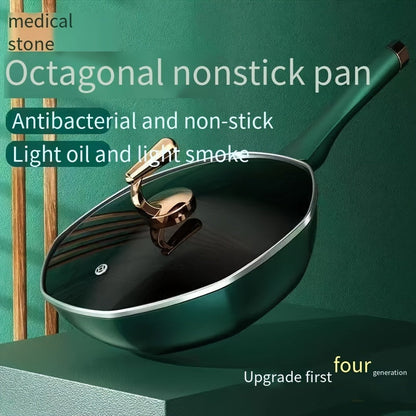 A Nonstick, Antibacterial Cast Iron Wok with Lid for Induction and Gas Stoves - Smokeless Frying Pan with High Durability and Aesthetic Appeal.