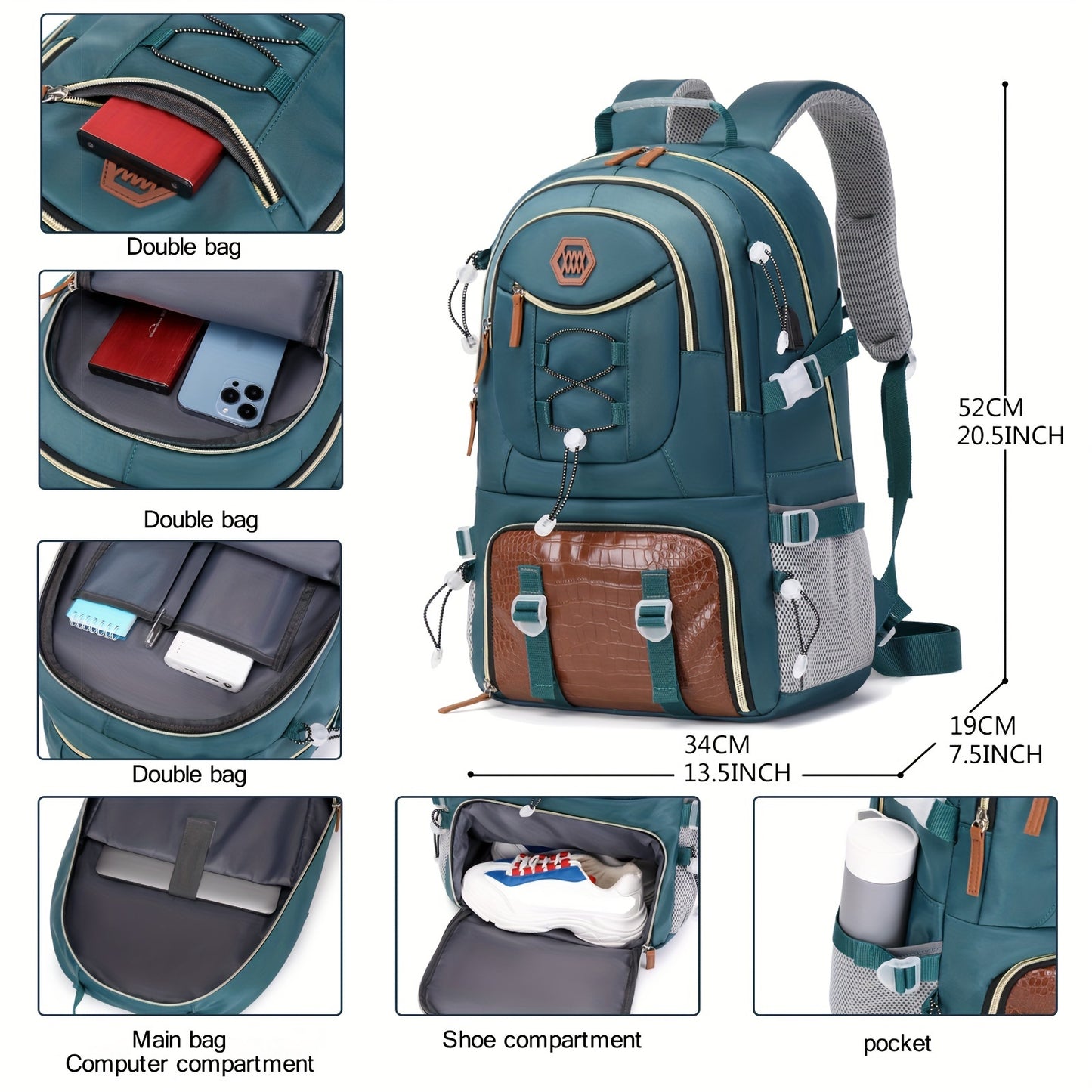 Large capacity outdoor travel backpack with 17-inch laptop compartment, suitable for men and women for sports camping.