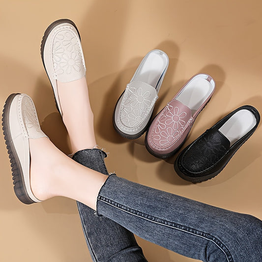 Lightweight slip-on mules for women, with flat heel and plain toe. Made from man-made materials, hand washable. Perfect for all-season comfort. European Special Edition.