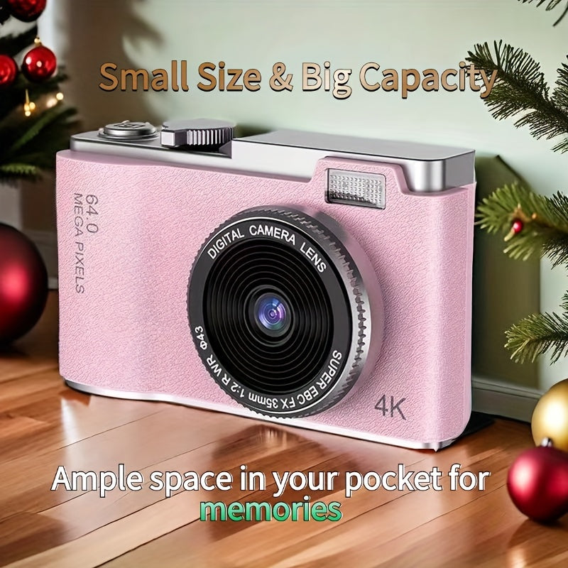 Retro-style 4K HD CCD digital camera with dual lens, USB-C charging and image transfer, perfect for students and photography enthusiasts.