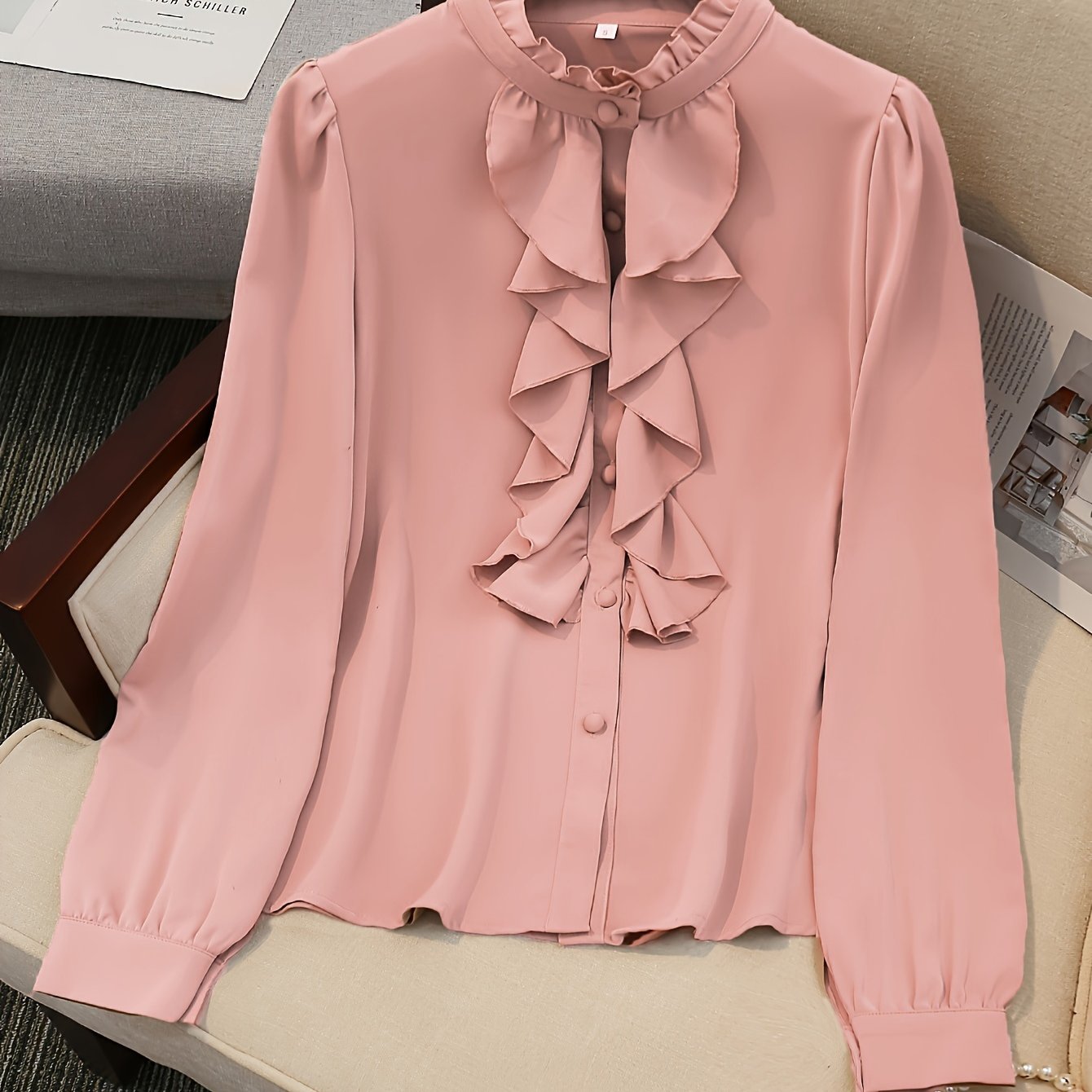 Ruffle Trim Button Front Blouse, Elegant Long Sleeve for Spring & Fall