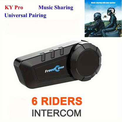 Freedconn KY Pro Motorcycle Intercom Helmet Headset for 6 riders with noise control, voice command, and walkie-talkie compatibility. Comes with USB charging cable.