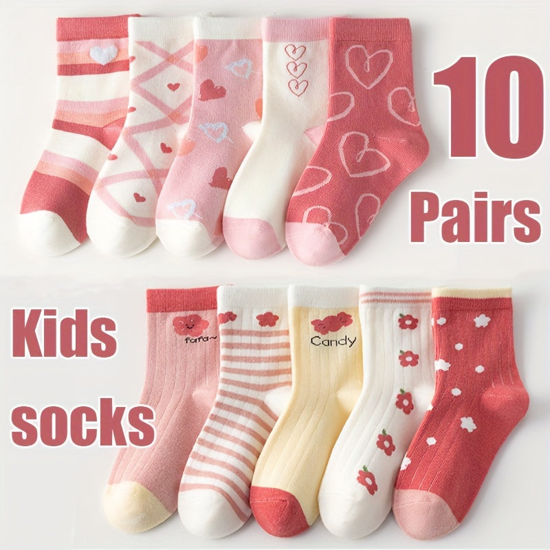 Set of 10 baby girl's knitted socks with cartoon hearts and flower patterns, perfect for outdoor wear