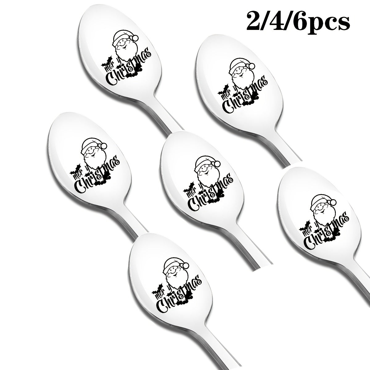 Stainless Steel Spoon Laser Engraved with "Merry Christmas" Design, Perfect for Halloween/Christmas Gifts, Theme Parties, and Gifts for Friends, Family, Classmates, and Colleagues, 2/4/6 Pack, Long Handle