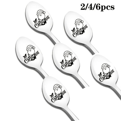 Stainless Steel Spoon Laser Engraved with "Merry Christmas" Design, Perfect for Halloween/Christmas Gifts, Theme Parties, and Gifts for Friends, Family, Classmates, and Colleagues, 2/4/6 Pack, Long Handle