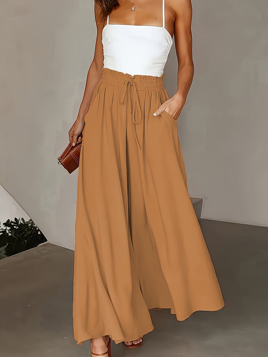 Olive green wide-leg pants for plus size women with high-rise and drawstring waist. Flowy straight cut, machine washable, comfortable for all seasons. Elegant casual style with smooth