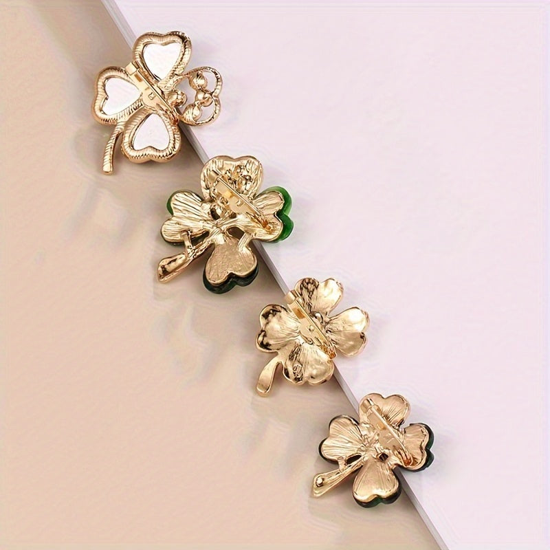 Set of 4 alloy clover brooch pins with synthetic rhinestone mosaic in a simple, cute style. Perfect fashion accessory for clothing, daily wear, and gift occasions throughout all seasons.