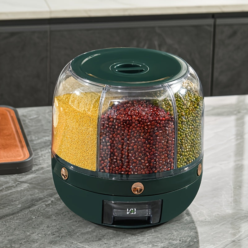 Large capacity rotating rice dispenser for storing rice, cereals, grains, flours, and pet food. Airtight, insect-proof, and space-saving kitchen organizer.