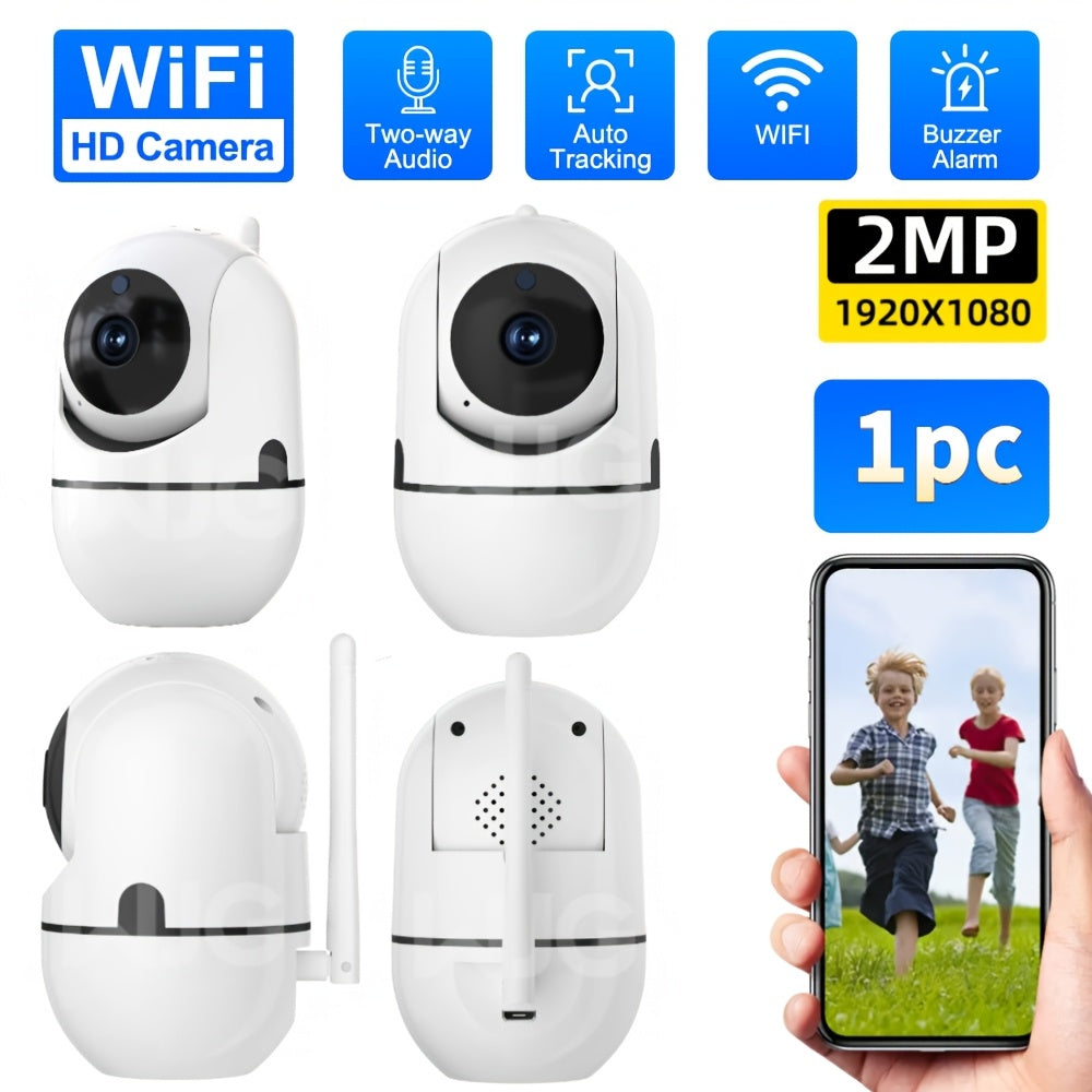 The WJG HD 1080P Wireless Security Camera offers AI Smart Human Tracking, Motion Detection, Alarm Push notifications, PTZ capability, Two-Way Audio communication, for both indoor and outdoor use. It is USB powered and compatible with smartphones.