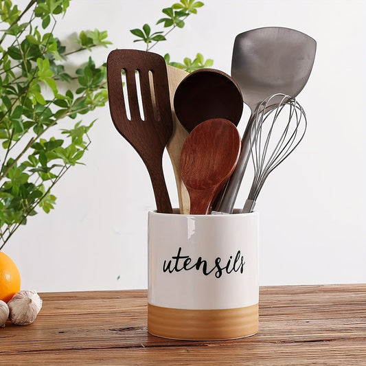 Farmhouse Decor Ceramic Utensil Holder for Kitchen Countertop - Organize Spatulas, Forks, and Whisks, Versatile Food Storage Container, 10.41cm