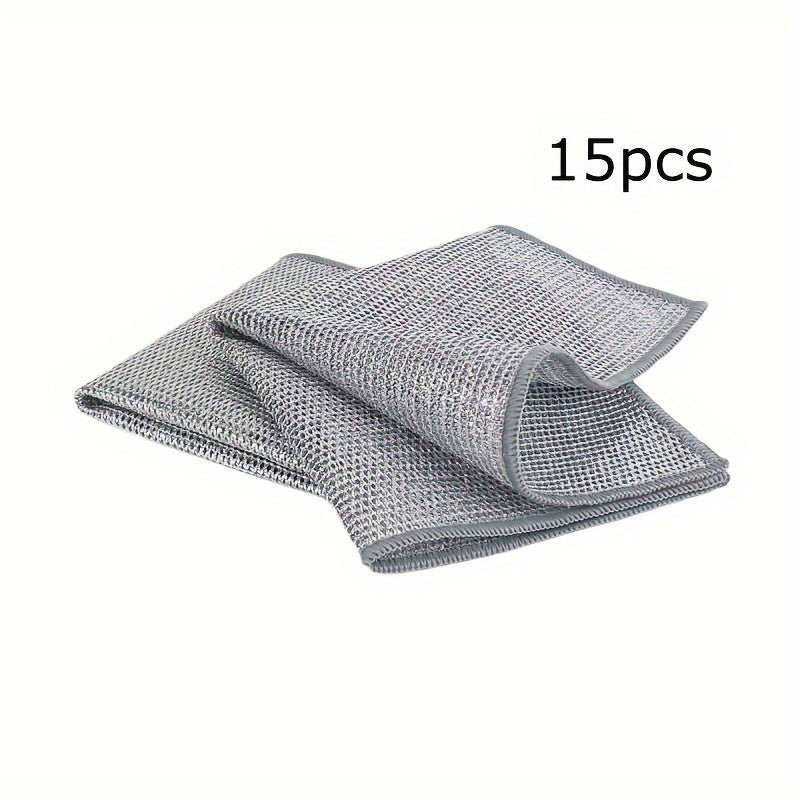 Pack of five silver nylon dishwashing cloths with scratch-resistant contemporary design. These woven square kitchen towels are perfect for cleaning outdoor spaces, bathrooms, and patio furniture.