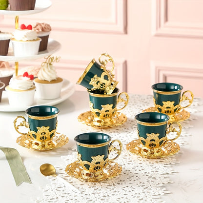 Golden 2.8oz Ceramic Tea Set with Gift Box, including Sakura Train Set, Turkish Arabic Coffee Cups, Espresso Cups with Saucer Plates and Spoons.