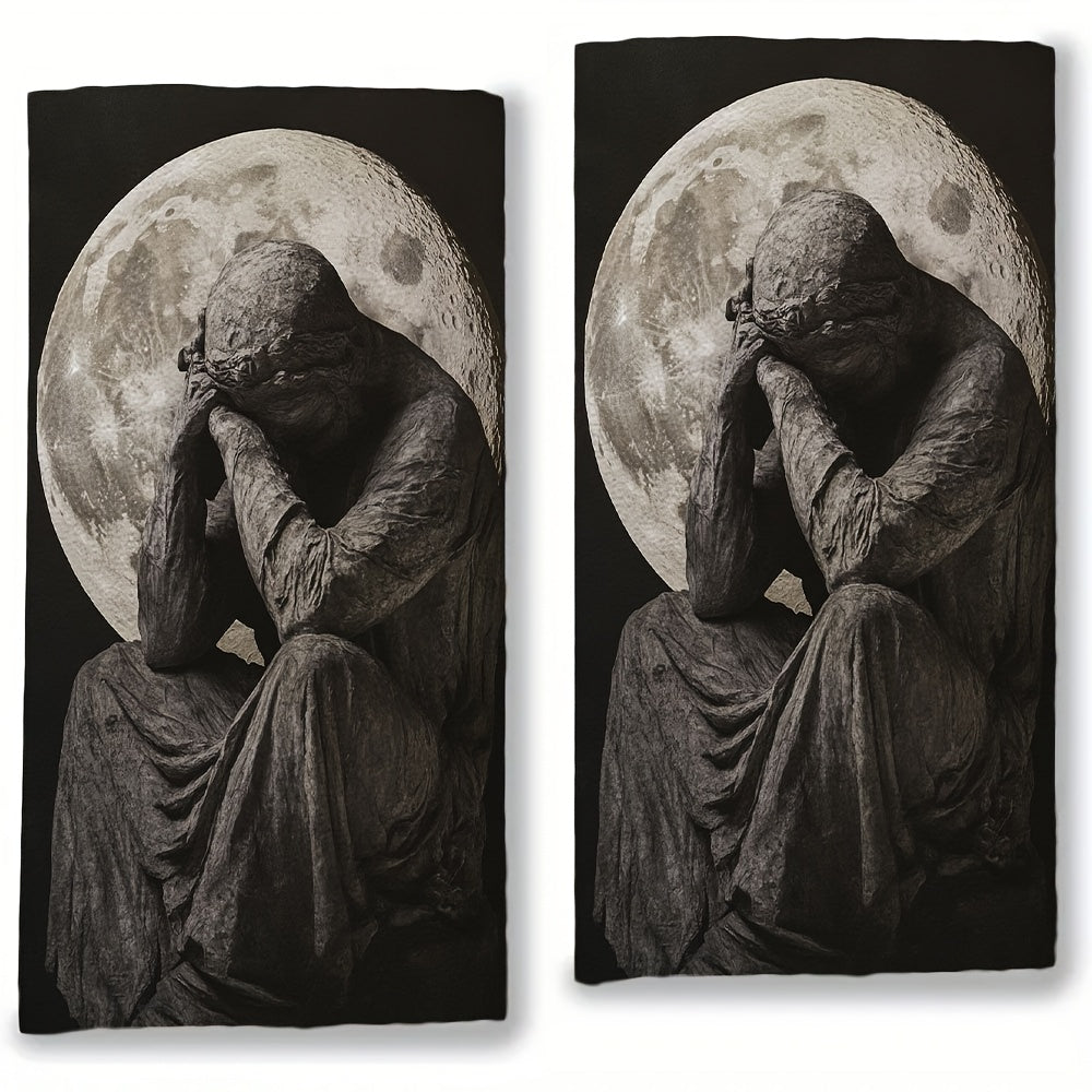 Two-Pack of Celestial Moon Polyester Dish Towels, Modern High Absorbency Knitted Hand Towels, Coastal Theme, Can be Machine Washed, 40.64x60.96 cm