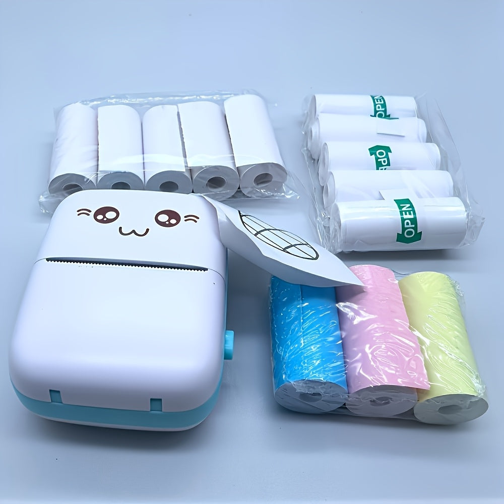 Mini printer camera thermal paper packaging set includes 13 rolls, including self-adhesive paper, color thermal paper, and regular thermal paper.